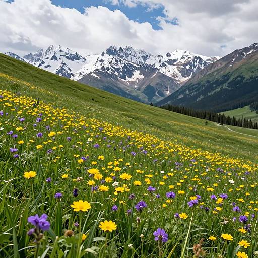 Vibrant Wildflowers and Snowy Mountains