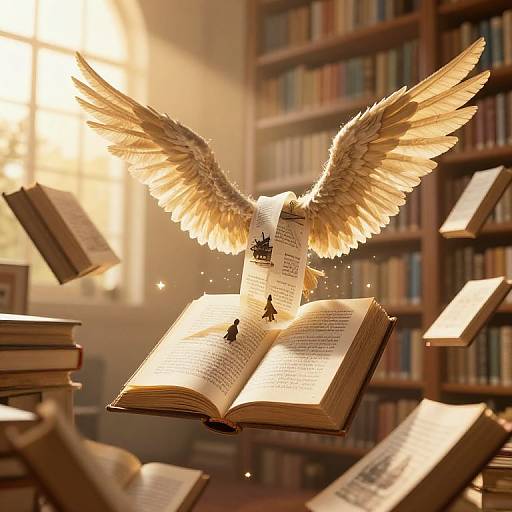Photograph-style digital artwork of an open book with angel wings, floating surrounded by flying books in a sunlit library.