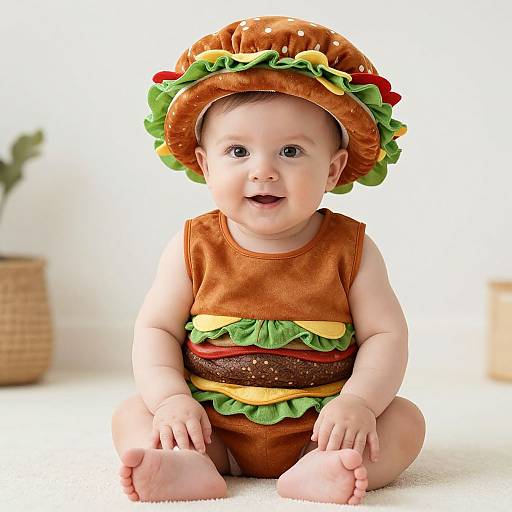 Photograph of a smiling baby wearing a hamburger-themed outfit with a burger hat, brown shirt, and green lettuce, sitting on white carpet. Background includes
