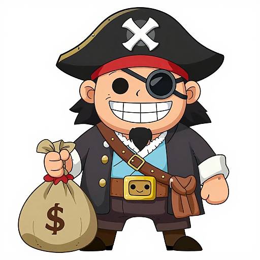 Cartoon pirate with black hat, eyepatch, and 