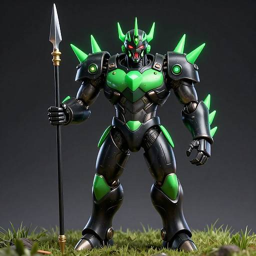 CGI image of a towering, black and green armored robot with spikes, red eyes, and a spear, standing on grassy terrain.