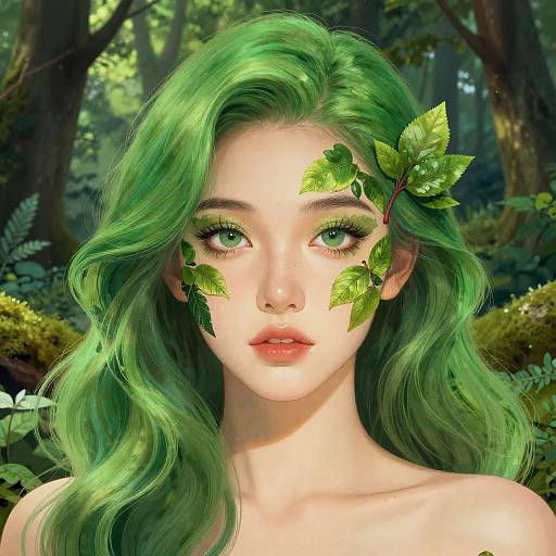 Digital art of a fair-skinned, green-haired woman with leaf accents in her hair, green eyes, and mossy forest background.