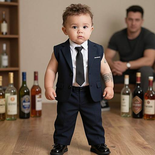 Photograph of a curly-haired baby in a black suit, tie, and shoes, standing on wooden floor with bottles and a blurred man in the background