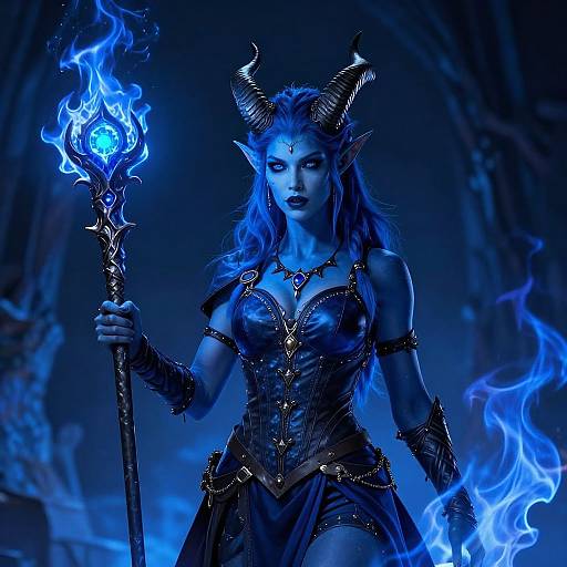Blue Tiefling Sorceress with Flames
