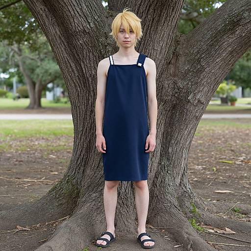Photograph of a pale, slender young person with messy blonde hair, wearing a black sleeveless dress and black sandals, standing in front of a large