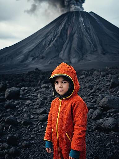 Child in Volcano Costume with Erupting Volcano Background