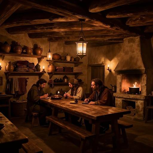 Photograph of three men with rustic, medieval attire sitting at a wooden table in a dimly lit, cozy, stone-walled kitchen with shelves of
