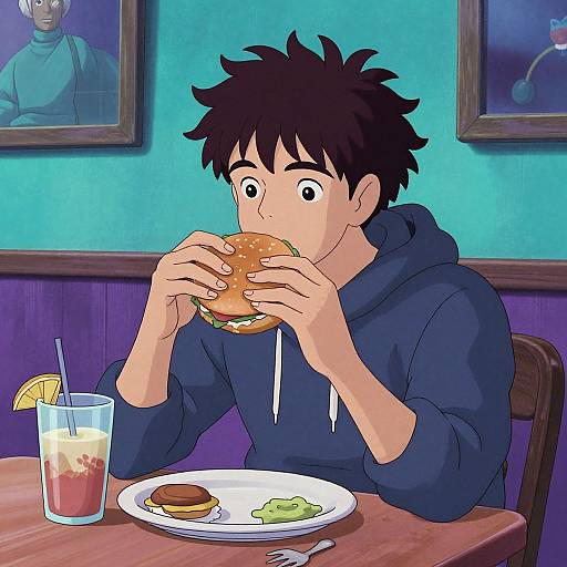 Anime-style illustration of a boy with spiky black hair, wearing a navy hoodie, eating a burger in a teal-walled restaurant.