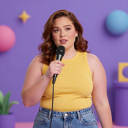 Photograph of a brunette woman with wavy hair, wearing a yellow sleeveless top and blue jeans, holding a microphone, against a purple backdrop with