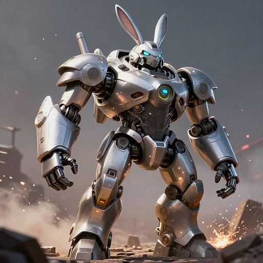CGI image of a towering, silver, bunny-eared robot with glowing blue eyes, standing in a battlefield with smoke and sparks.