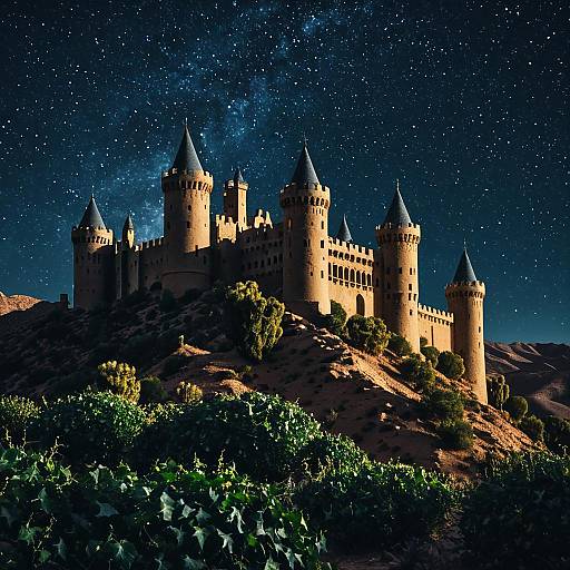 Majestic Castle Above Starry Desert Landscape
