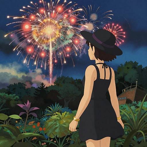 Svelte Woman Enjoying Fireworks Styled Ghibli