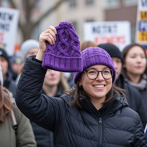 Photograph of a smiling Asian woman with glasses, black puffer jacket, and purple knit hat, holding the hat up in a crowded protest. Bl