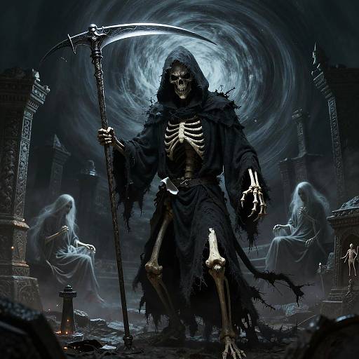 Digital artwork of a skeletal Grim Reaper with a scythe, black hooded cloak, exposed ribcage, surrounded by ghostly figures in a dark