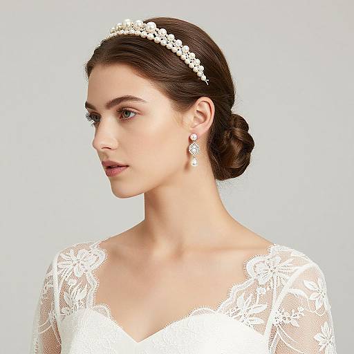 Photograph of a fair-skinned woman with dark brown hair in an elegant updo, wearing a white lace wedding dress, floral tiara, and