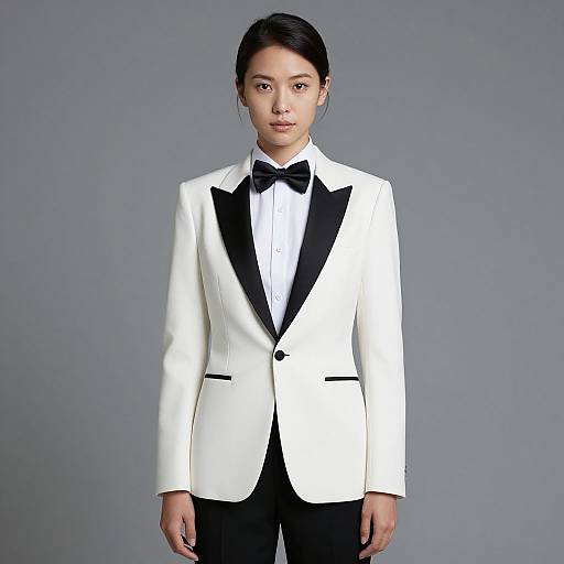 Photograph of an Asian woman with black hair in a white tuxedo jacket with black lapels, black bow tie, and black pants, standing