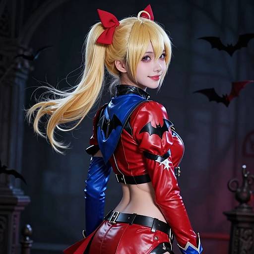 Photorealistic CGI of a blonde woman in a red and blue Batman-inspired latex outfit with star patterns, red bow, and ponytail, smiling in