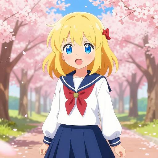 Anime-style digital drawing of a cute blonde girl with blue eyes, wearing a white sailor uniform with red bow, standing under cherry blossoms.