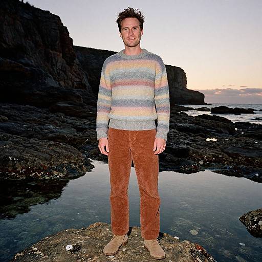 Photograph of a young man with short brown hair, wearing a pastel striped sweater, brown corduroy pants, and beige shoes, standing on