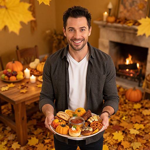 Smiling man in black shirt holding autumn-themed plate with pumpkins, donuts, and candles in cozy, candlelit, leaf-covered living room.