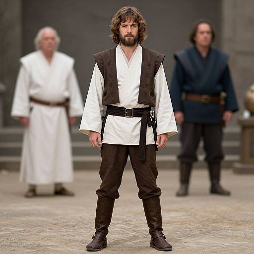 Photograph of a bearded man with shoulder-length brown hair, wearing a white tunic and black vest, standing center in a courtyard, flanked