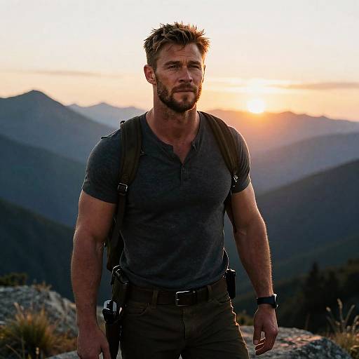 Photograph of a muscular, bearded man with short brown hair, wearing a dark gray t-shirt and hiking gear, standing at sunset against a mountain
