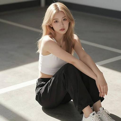 Photograph of a young Asian woman with long blonde hair, wearing a white tank top, black pants, and white sneakers, sitting on a sunlit