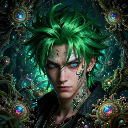 Digital art of a green-haired, blue-eyed, androgynous figure with cracked skin, surrounded by glowing gears and peacock feathers, in a