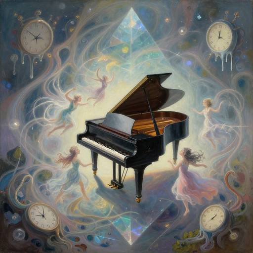 Digital art: Black grand piano with open lid, surrounded by ethereal, dancing angelic figures, clock faces, and swirling, colorful, mystical patterns