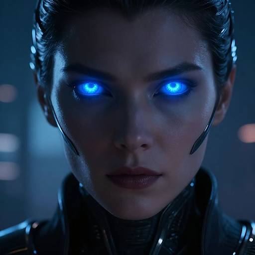 Close-up photo of a serious woman with glowing blue eyes, dark hair, and futuristic headgear in a blue-lit environment.