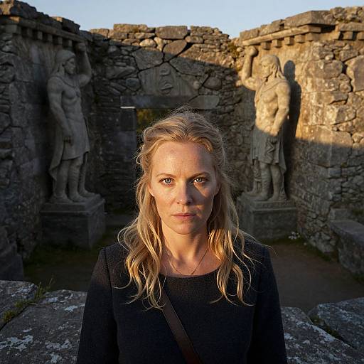 Photograph of a blonde woman with wavy hair, wearing a black top, standing in front of ancient stone ruins with shadowed statues in the background