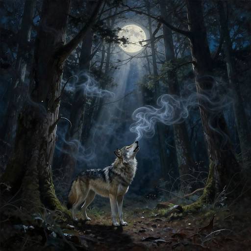 Digital painting of a wolf howling at a full moon in a dark, misty forest, with ethereal blue smoke rising from its mouth.