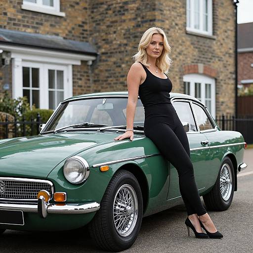 Photograph of a blonde woman in a black tank top and pants, sitting on a shiny green classic car, in front of a brick house.