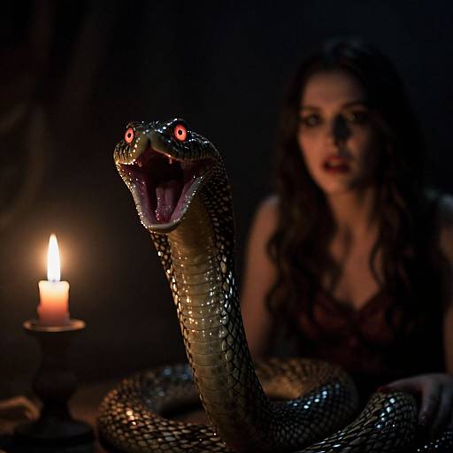 Photograph of a dark, dramatic scene with a glowing candle, red-eyed snake in the foreground, and a surprised woman with long brown hair in the