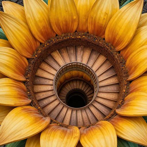 Close-up photograph of a sunflower's vibrant yellow petals and detailed brown seed-filled center, radiating outward in a spiral pattern.
