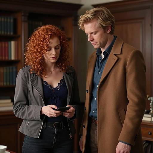 Two people in dimly lit room with dark wooden furniture