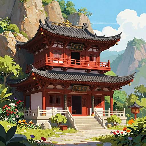 Digital artwork of a traditional red and black Chinese temple with ornate roofs, surrounded by vibrant flowers, lush greenery, and rocky cliffs under a bright