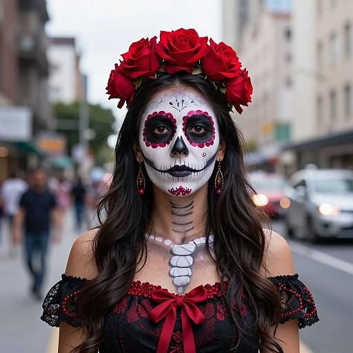 Photograph of a woman in Day of the Dead makeup, wearing a black lace dress with red ribbons, red flower crown, and pearl necklace,