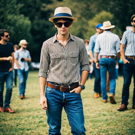 Young Man in Striped Shirt and Hat at Outdoor Gathering