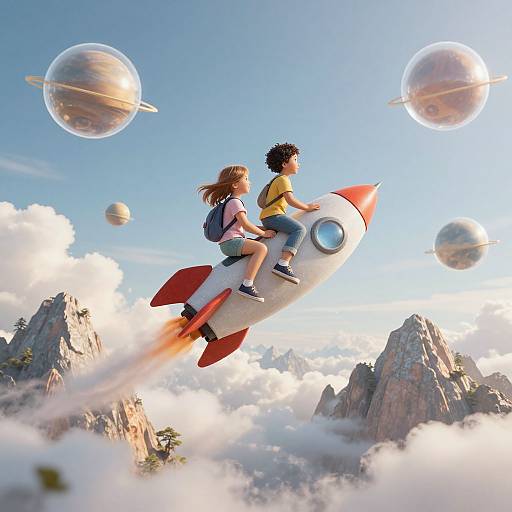 Photorealistic CGI of a brown-haired girl and a black-haired boy riding a red and white rocket ship through a cloudy sky, surrounded by planets and