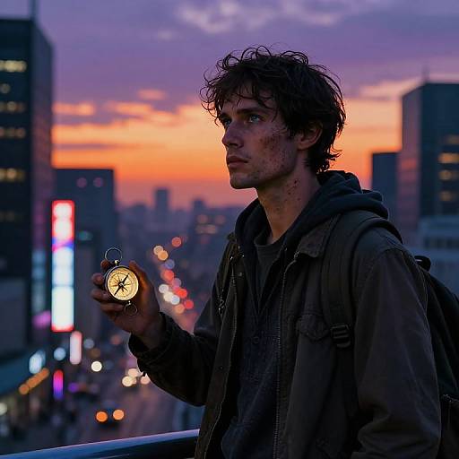 Photograph of a disheveled man with messy dark hair, wearing a dark hoodie, holding a vintage pocket watch, against a vibrant, twilight city