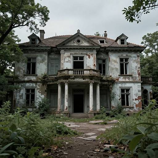 Photograph of an abandoned, decaying, two-story mansion with peeling white paint, overgrown vegetation, and broken windows, under a cloudy sky