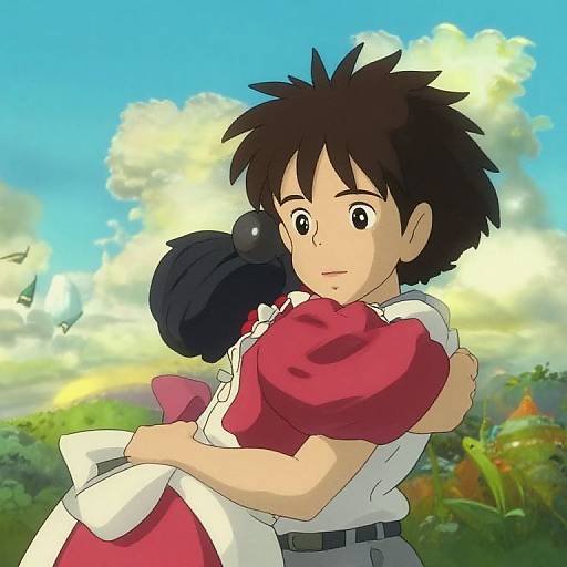 Digital anime-style drawing of a young man with spiky black hair hugging a girl in a red dress with a white apron, set against a