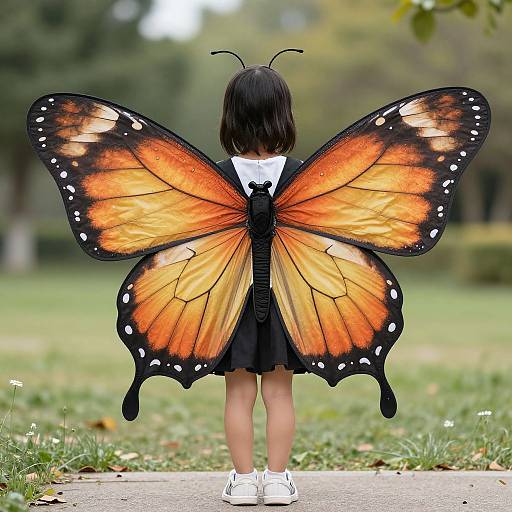 Photograph of a young girl with black bob haircut, wearing black dress and white shoes, facing away, wearing large orange and black butterfly wings, standing