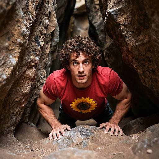 Man Crawling Through Narrow Rocky Cave