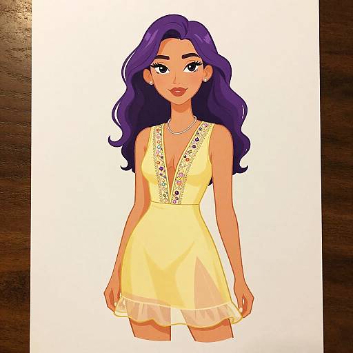 Digital illustration of a beautiful woman with long, wavy purple hair, wearing a sleeveless, yellow, lace-trimmed dress, and a necklace
