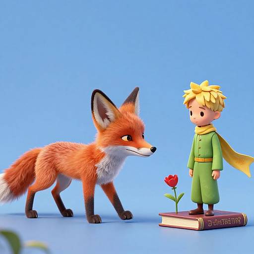 3D CGI image: Cute, cartoon-style fox with orange fur and black ears, gazes at blond boy in green robe and yellow scarf, beside
