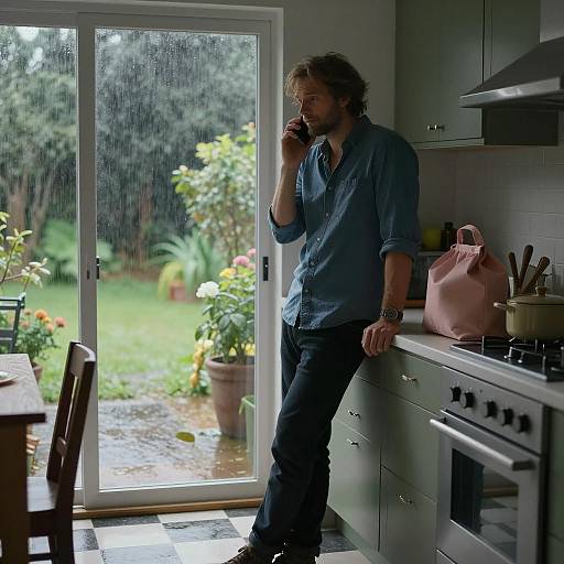 Man in Kitchen with Rainy Garden View