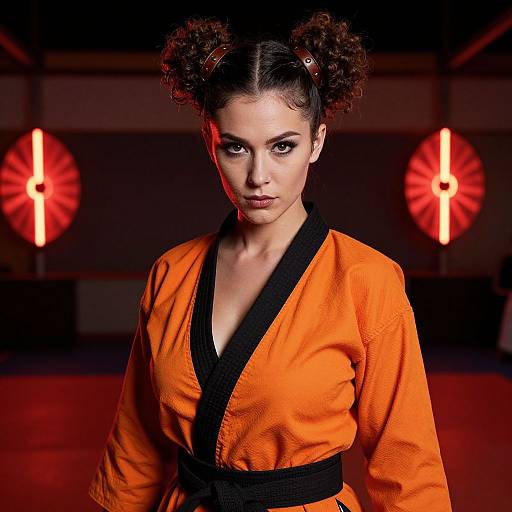 Photograph of a serious young woman with curly hair in an orange karate gi with black trim, standing in a dimly lit room with red neon
