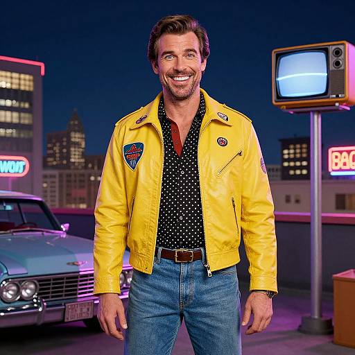 Photorealistic CGI of a smiling man in a yellow jacket, black polka-dot shirt, and blue jeans, standing in a neon-lit urban
